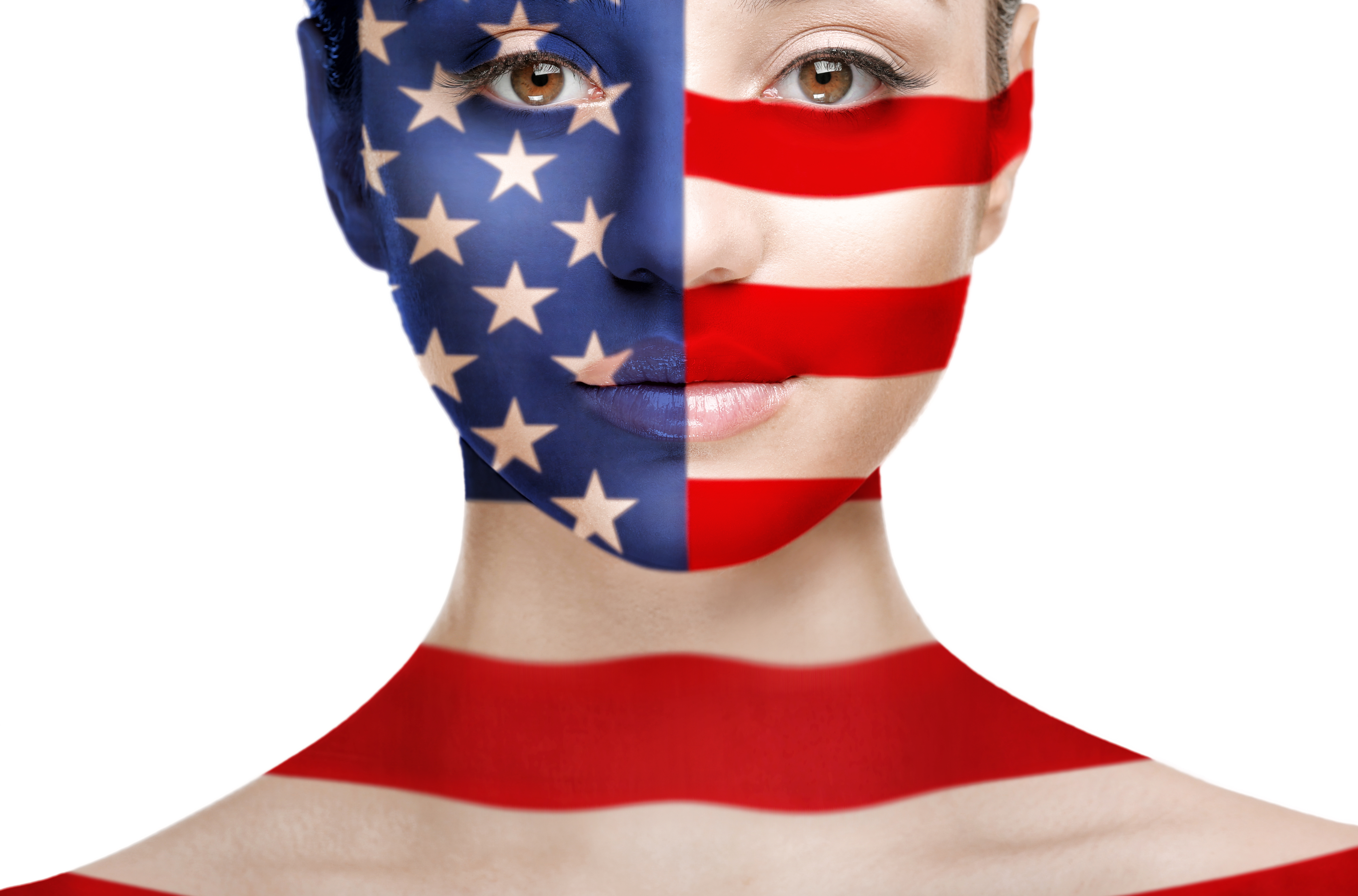 Patriotic concept. Young woman with painted face as American flag on white background